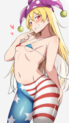 Rule 34 | 1girl, absurdres, american flag bikini, american flag pants, arm behind back, bikini, blonde hair, breasts, clownpiece, commentary request, fairy, fairy wings, finger to mouth, flag print, grin, hand on own ass, hand up, hat, highres, hip focus, jester cap, long hair, nagomian, naughty face, navel, no shirt, petite, pointing, pointing at self, red eyes, skin tight, small breasts, smile, solo, swimsuit, thighs, touhou, very long hair, wings