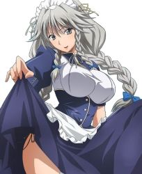 Rule 34 | 1girl, blue bow, bow, braid, breasts, clothes lift, female focus, grayfia lucifuge, grey eyes, grey hair, hair bow, high school dxd, large breasts, lipstick, long hair, looking at viewer, maid, maid headdress, makeup, matching hair/eyes, mature female, official art, red lips, skirt, skirt lift, smile, solo, twin braids, twintails