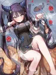 Rule 34 | 1girl, absurdres, black dress, blue eyes, blunt bangs, camellia, chinese clothes, dress, fate/grand order, fate (series), flower, hair ornament, high heels, highres, holding, holding shoes, leaf hair ornament, long hair, looking at viewer, purple hair, seorang, shoe soles, shoes, solo, twintails, very long hair, water, yang guifei (fate), yang guifei (second ascension) (fate)