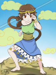 Rule 34 | barefoot, blue dress, brown eyes, brown hair, brown tail, circlet, detached sleeves, dragon ball, dress, fighting stance, frilled dress, frills, green dress, highres, monkey girl, monkey tail, multicolored clothes, multicolored dress, prehensile tail, ruyi jingu bang, single-shoulder dress, single detached sleeve, single strap, son biten, tail, test tube, touhou, unfinished dream of all living ghost, yellow dress