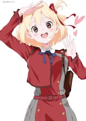 Rule 34 | 1girl, absurdres, backpack, bag, blonde hair, bob cut, cowboy shot, dress, grey dress, hair ribbon, highres, looking at viewer, lycoris recoil, lycoris uniform, nishikigi chisato, open mouth, red dress, red eyes, red ribbon, ribbon, round teeth, school uniform, short hair, simple background, smile, solo, teeth, two-tone dress, upper teeth only, white background, white gorilla (okamoto), white hair