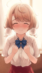 Rule 34 | 1girl, 3:, absurdres, ahoge, blush, bow, closed eyes, closed mouth, cotton ball, embarrassed, highres, indie virtual youtuber, light brown hair, pom pom (clothes), school uniform, shigure ui (vtuber) (2nd costume), shigure ui (vtuber), short hair, short twintails, skirt, solo, suicabar72, twintails, upper body, virtual youtuber