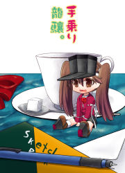 Rule 34 | 10s, 1girl, brown eyes, brown hair, cup, fang, kantai collection, long hair, mechanical pencil, mini person, minigirl, open mouth, pencil, personification, ryuujou (kancolle), sitting, sketchbook, solo, spoon, sugar cube, teacup, translated, twintails, visor cap, yakou (innocent chapel)