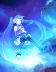 Rule 34 | 1girl, absurdly long hair, aqua eyes, aqua hair, blue theme, boots, detached sleeves, full body, glowing, hatsune miku, kyokucho, light, long hair, necktie, shinkai shoujo (vocaloid), skirt, solo, submerged, thigh boots, thighhighs, twintails, underwater, very long hair, vocaloid