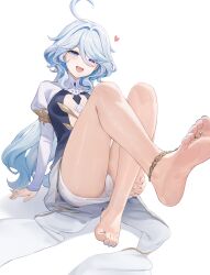 Rule 34 | 1girl, :d, anklet, arm support, bare legs, barefoot, barefoot sandals (jewelry), blue brooch, blue hair, blue nails, cbmus, crossed legs, dress, drop-shaped pupils, fang, feet, foot focus, foot up, furina (genshin impact), genshin impact, gradient dress, half-closed eyes, heart, heterochromia, highres, jewelry, juliet sleeves, leaning back, light blue hair, long hair, long sleeves, looking at viewer, mismatched pupils, multicolored hair, nail polish, naughty face, open mouth, panties, pantyshot, presenting foot, puffy sleeves, revision, sitting, skin fang, smile, soles, solo, spoilers, streaked hair, symbol-shaped pupils, thighs, toe ring, toenail polish, toenails, toes, two-tone dress, underwear, upskirt, white dress, white panties