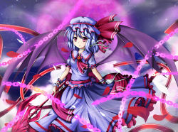 Rule 34 | 1girl, absurdres, ascot, bandages, bat wings, blue hair, chain, female focus, hat, hat ribbon, highres, mero (3445036), mero (ly21207), petals, polearm, puffy sleeves, red eyes, remilia scarlet, ribbon, short hair, short sleeves, smile, solo, spear, spear the gungnir, touhou, weapon, wings, wrist cuffs