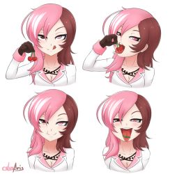 Rule 34 | 1girl, :d, breasts, brown eyes, brown hair, cherry, cherry knot, cleavage, coat, collarbone, cslucaris, eating, food, fruit, gloves, half-closed eyes, heterochromia, highres, jewelry, licking, licking lips, long hair, long sleeves, looking at viewer, multicolored hair, multiple views, naughty face, necklace, neo politan, open mouth, pink eyes, pink hair, rwby, saliva, saliva trail, simple background, smile, teeth, tongue, tongue out, two-tone hair, upper body, white background