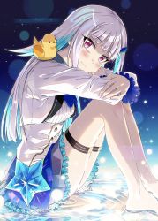 Rule 34 | 1girl, animal, animal on shoulder, ayano yuu (sonma 1426), barefoot, bird, bird on shoulder, blue bow, blue hair, blue neckwear, blue skirt, blunt bangs, bow, closed mouth, commentary, frilled skirt, frilled sleeves, frills, from side, hair ornament, highres, hugging own legs, light particles, lize helesta, long hair, long sleeves, looking at viewer, miniskirt, multicolored hair, nijisanji, on liquid, pleated skirt, purple eyes, reflection, shirt, sitting, skirt, smile, solo, star (symbol), thigh strap, two-tone hair, virtual youtuber, water, white hair, white shirt