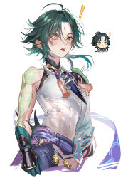 Rule 34 | !, 1boy, absurdres, arm tattoo, bead necklace, beads, blue hair, blush, braid, commentary, cropped legs, facial mark, forehead mark, genshin impact, gloves, green hair, highres, jewelry, makeup, male focus, meme, multicolored hair, multiple views, necklace, parted lips, pottsness, reference inset, simple background, single braid, symbol-only commentary, tassel, tattoo, twitter username, white background, xiao (genshin impact), yellow eyes