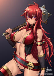 1girl adsouto belt breasts gradient_background highres holding holding_mace holding_weapon large_breasts long_hair looking_at_viewer mace navel over_shoulder purple_eyes queen&#039;s_blade red_hair revealing_clothes risty_(queen&#039;s_blade) signature solo spiked_mace spikes thighhighs vambraces weapon weapon_over_shoulder