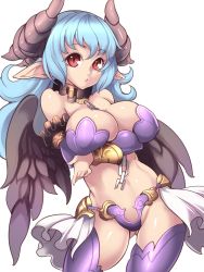 Rule 34 | 1girl, bare shoulders, bikini, blue hair, bra, breast hold, breasts, chain, collar, demon girl, detached sleeves, female focus, horns, large breasts, long hair, original, panties, pointy ears, red eyes, simple background, solo, standing, swimsuit, taka (sanoujo358), thighhighs, underwear, white background