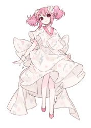 Rule 34 | 1girl, alternate costume, arms at sides, back bow, bow, closed mouth, flat chest, flats, floral print, full body, fur-trimmed shirt, fur trim, kaname madoka, layered skirt, leaf print, legs together, light smile, looking at viewer, mahou shoujo madoka magica, mahou shoujo madoka magica (anime), pale skin, pink eyes, pink footwear, pink hair, scrunchie, shirt, shoes, simple background, skirt, skirt hold, solo, tareme, twintails, u emper, white background, white bow, white scrunchie, white shirt, white skirt, wide sleeves, wrist cuffs