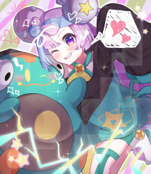 Rule 34 | 1girl, ;d, absurdres, aqua hair, bellibolt, bow-shaped hair, character hair ornament, creatures (company), electricity, game freak, hair ornament, heart, highres, iono (pokemon), long hair, long sleeves, looking at viewer, multicolored hair, nintendo, official alternate color, one eye closed, open mouth, pink eyes, pink hair, pokemon, pokemon (creature), pokemon masters ex, sleeves past fingers, sleeves past wrists, smile, spoken heart, star (symbol), teeth, thigh strap, tomu (adamu shiny), two-tone hair, very long hair, wide sleeves