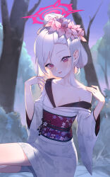 Rule 34 | 1girl, absurdres, asymmetrical bangs, blue archive, blurry, blurry background, breasts, cleavage, collarbone, floral print, grey hair, hair bun, halo, highres, japanese clothes, kimono, long sleeves, looking at viewer, mutsuki (blue archive), mutsuki (new year) (blue archive), obi, obijime, off shoulder, official alternate costume, pink eyes, sash, small breasts, solo, squatting, swept bangs, tabi, taktori, white kimono, wide sleeves