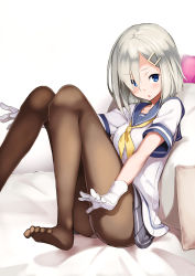 Rule 34 | 10s, 1girl, :o, absurdres, bad id, bad pixiv id, black pantyhose, blue eyes, blush, feet, female focus, gloves, hair ornament, hair over one eye, hairclip, hamakaze (kancolle), highres, kantai collection, legs, looking at viewer, looking away, looking to the side, maechuu, neckerchief, no shoes, panties, panties under pantyhose, pantyhose, pillow, pleated skirt, school uniform, serafuku, short hair, short sleeves, silver hair, simple background, sitting, skirt, solo, underwear, white background, white gloves, white panties, yellow neckerchief