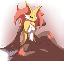 Rule 34 | 1girl, animal ears, arm behind head, arm support, arm up, artist request, bed sheet, breasts, cleavage, creatures (company), delphox, female focus, fox ears, furry, furry female, game freak, gen 6 pokemon, gradient background, half-closed eyes, large breasts, looking to the side, nintendo, one eye closed, pokemon, pokemon (creature), pokemon xy, red eyes, simple background, sitting, sleepy, solo, spread legs, white background
