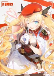 Rule 34 | belt, beret, black pantyhose, blonde hair, blue eyes, blush, bm59 (girls&#039; frontline), breasts, cape, character name, cleavage, commentary request, epaulettes, girls&#039; frontline, gloves, hair between eyes, hair ribbon, hat, heart, large breasts, long hair, medal, pantyhose, pleated skirt, pouch, ribbon, simple background, skirt, twintails, very long hair, white gloves, yuri9031