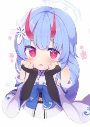 Rule 34 | absurdres, blue archive, blue hair, blush, chise (blue archive), flower, hair flower, hair ornament, halo, hand on own face, highres, horns, looking at viewer, oni, oni horns, pink eyes, re pen (repen0pen), simple background, solo, white background