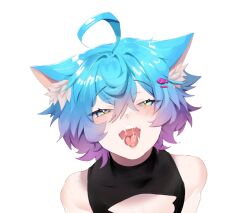 1boy ahoge animal_ear_fluff animal_ears bare_shoulders blue_hair blush cat_boy cat_ears freckles gradient_hair green_eyes hair_ornament indie_virtual_youtuber linechu looking_at_viewer multicolored_hair naughty_face open_mouth oral_invitation pink_hair seductive_smile smile solo transparent_background trap two-tone_hair