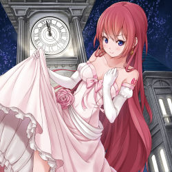 Rule 34 | 1girl, alternate costume, bare shoulders, blue eyes, blush, bow, cinderella, clock, clock tower, closed mouth, collarbone, dress, dutch angle, earrings, eyebrows, flower, gloves, hand on own chest, highres, jewelry, long dress, long hair, megurine luka, miu (angelo whitechoc), night, night sky, pink bow, pink dress, pink flower, pink hair, pink ribbon, pink rose, ribbon, roman numeral, rose, skirt hold, sky, smile, solo, star (sky), star (symbol), star earrings, starry sky, strapless, strapless dress, tattoo, towel, tower, upskirt, very long hair, vocaloid, white gloves