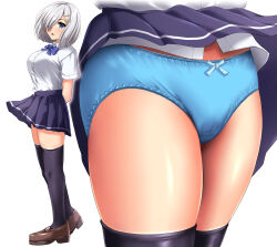 Rule 34 | 1girl, absurdres, alternate costume, arms behind back, blue bow, blue bowtie, blue eyes, blue panties, blue skirt, bow, bowtie, breasts, collared shirt, commentary request, dress shirt, full body, hair ornament, hair over one eye, hairclip, hamakaze (kancolle), head out of frame, highres, kantai collection, large breasts, loafers, looking at viewer, multiple views, panties, pantyshot, pleated skirt, school uniform, shirt, shoes, short hair, simple background, skirt, thighhighs, underwear, white background, white hair, white shirt, zanntetu, zoom layer
