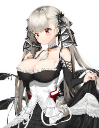 Rule 34 | 1girl, azur lane, between breasts, black dress, black nails, blush, breasts, cleavage, dress, earrings, flight deck, formidable (azur lane), frilled dress, frills, grey hair, hair ribbon, highres, jewelry, large breasts, long hair, nail polish, pixel (yuxian), platinum blonde hair, red eyes, ribbon, simple background, solo, twintails, two-tone dress, two-tone ribbon, very long hair, white background