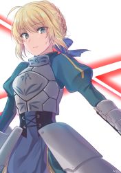 Rule 34 | 1girl, ahoge, armor, armored dress, artoria pendragon (all), artoria pendragon (fate), asa (coco), blonde hair, blue dress, caliburn (fate), commentary request, dress, fate/stay night, fate (series), gauntlets, green eyes, hair between eyes, hair bun, hair ribbon, long sleeves, looking at viewer, puffy long sleeves, puffy sleeves, ribbon, saber (fate), serious, simple background, single hair bun, solo