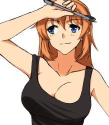 Rule 34 | 1girl, blue eyes, blush, breasts, brown hair, charlotte e. yeager, cleavage, hiroshi (hunter-of-kct), large breasts, solo, strike witches, world witches series