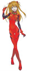 Rule 34 | 1girl, absurdres, blue eyes, bodysuit, breasts, brown hair, curvy, hand in own hair, highres, huge filesize, interface headset, long hair, looking at viewer, neon genesis evangelion, non-web source, official art, open mouth, plugsuit, red bodysuit, scan, shiny clothes, simple background, small breasts, solo, souryuu asuka langley, standing, twintails, two side up, white background