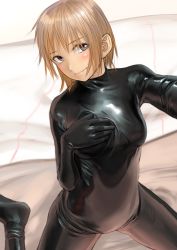 Rule 34 | 1girl, absurdres, bed, bodysuit, brown eyes, brown hair, commentary request, hand on own chest, highres, kilye kairi, latex, latex bodysuit, looking at viewer, original, shiny clothes, short hair, sitting, skin tight, smile, solo, wariza