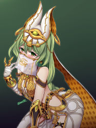 Rule 34 | 1girl, :d, arabian clothes, arm guards, bandaged arm, bandages, bare shoulders, braid, braided ponytail, claw ring, earrings, green background, green eyes, green hair, grin, highres, honkai (series), honkai impact 3rd, jewelry, long hair, looking at viewer, mobius (honkai impact), mobius (scorching gravel) (honkai impact), mouth veil, open mouth, see-through mask, smile, solo, teeth, veil, zero130