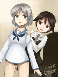 Rule 34 | 2girls, black legwear, brown eyes, brown hair, cosplay, costume switch, green eyes, kanokoga, miyafuji yoshika, miyafuji yoshika (cosplay), multiple girls, necktie, pantyhose, pleated skirt, sanya v. litvyak, sanya v litvyak (cosplay), school uniform, serafuku, short hair, shorts, silver hair, skirt, strike witches, swimsuit, swimsuit under clothes, world witches series