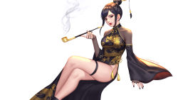 Rule 34 | 1girl, black dress, black eyes, black hair, black nails, check copyright, china dress, chinese clothes, commission, copyright request, crossed legs, detached sleeves, dragon print, dress, earrings, flower knot, gold trim, hair bun, hair ornament, hairpin, highres, holding, invisible chair, jewelry, kiseru, long hair, long sleeves, looking at viewer, nail polish, original, side slit, sidelocks, simple background, single hair bun, sitting, siun, smoke, smoking pipe, solo, stud earrings, tassel, thigh strap, thighs, white background, wide sleeves