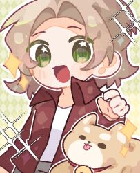Rule 34 | 1boy, argyle, argyle background, brown jacket, chinese commentary, commentary request, cowboy shot, dog, green eyes, grey pants, hand up, highres, jacket, light brown hair, long sleeves, male focus, no nose, open clothes, open jacket, open mouth, outline, pants, parted bangs, saibou shinkyoku, shinano eiji, shirt, short hair, smile, sparkle, star (symbol), star in eye, symbol in eye, tina (saibou shinkyoku), uvy05, white outline, white shirt