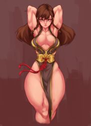 Rule 34 | 1girl, alternate costume, alternate hairstyle, bare arms, bare legs, bracelet, breasts, brown eyes, brown hair, capcom, chun-li, curvy, highres, jewelry, kelvin hiu, large breasts, long hair, matching hair/eyes, pelvic curtain, serious, shiny skin, simple background, sleeveless, solo, spiked bracelet, spikes, standing, street fighter, street fighter v, upper body, wide hips