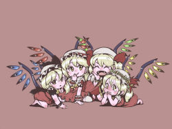 Rule 34 | 4girls, azito7, barefoot, blonde hair, blush, child, clone, fangs, female focus, flandre scarlet, hat, multiple girls, one side up, ponytail, red eyes, short hair, side ponytail, smile, tears, touhou, wings