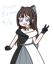 Rule 34 | 1girl, aqua eyes, artist name, artist request, back bow, bare shoulders, belt, black dress, black gloves, black skirt, blue eyes, blush, bow, breasts, brown hair, buttons, choker, cleavage, clenched hand, collarbone, dress, drop earrings, earrings, female focus, gloves, grey belt, grey bow, grey skirt, hair between eyes, hair bow, high ponytail, jewelry, lace, lace gloves, long hair, looking at viewer, love live!, love live! nijigasaki high school idol club, love live! school idol festival, multicolored clothes, necklace, off-shoulder dress, off shoulder, osaka shizuku, parted lips, ponytail, sidelocks, skirt, sleeveless, sleeveless dress, small breasts, smile, solitude rain (love live!), solo, teeth, two-tone dress, v, white background, white bow, white dress, white skirt