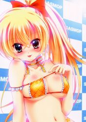 Rule 34 | 1girl, :p, absurdres, bikini, bikini pull, blonde hair, blue eyes, blush, breasts, checkered background, cleavage, clothes pull, eyepatch bikini, highres, ichi rin, large breasts, long hair, nail polish, navel, original, ponytail, pulled by self, skindentation, sofmap, sofmap background, solo, step and repeat, swimsuit, tongue, tongue out, yellow bikini