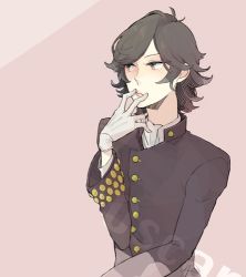 Rule 34 | 1boy, androgynous, black hair, buttons, character name, finger to mouth, gloves, grey eyes, lowres, lupin iii, male focus, oscar (lupin), pink background, simple background, solo, togyo, upper body, wavy hair