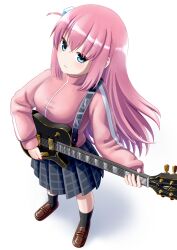 Rule 34 | 1girl, ankle socks, black socks, blue eyes, bocchi the rock!, brown footwear, closed mouth, crossed bangs, cube hair ornament, dot nose, electric guitar, fender telecaster, floating hair, from above, full body, furrowed brow, gotoh hitori, grey skirt, guitar, hair between eyes, hair ornament, head tilt, highres, holding, holding guitar, holding instrument, holding plectrum, instrument, jacket, loafers, long hair, looking at viewer, one side up, pink hair, pink jacket, pleated skirt, plectrum, shadow, shiroganehaku, shoes, sidelocks, simple background, skirt, socks, tearing up, track jacket, very long hair, wavy mouth, white background
