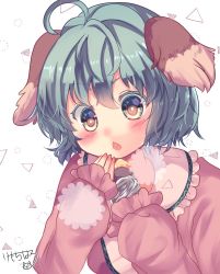 Rule 34 | 1girl, ahoge, animal ears, blush, chestnut mouth, fang, frilled shirt collar, frills, green hair, hand up, highres, kasodani kyouko, kemo chiharu, open mouth, short hair, simple background, solo, touhou, upper body, white background, wide-eyed