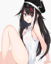 Rule 34 | 1girl, :o, azur lane, bare arms, bare legs, bare shoulders, black hair, blue eyes, bra, breasts, commentary request, deutschland (azur lane), fang, feet out of frame, from side, hat, highres, knee up, long hair, looking at viewer, medium breasts, military hat, multicolored hair, no pants, open mouth, peaked cap, pink bra, sidelocks, simple background, sitting, solo, streaked hair, underwear, white background, xochi (nueeen6978)