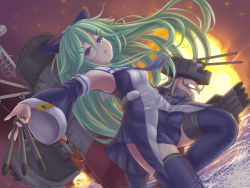 Rule 34 | 1girl, armpits, bare shoulders, black bow, black serafuku, black thighhighs, blue eyes, bow, commentary request, detached sleeves, em s, explosion, floating hair, green hair, hair between eyes, hair bow, hair ornament, hairclip, highres, holding, holding torpedo, kantai collection, long hair, looking at viewer, ocean, open mouth, outstretched arm, parted bangs, plaid, plaid skirt, rigging, school uniform, serafuku, skirt, solo, thighhighs, torpedo, torpedo tubes, wide sleeves, yamakaze (kancolle), zettai ryouiki