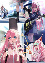 Rule 34 | 4girls, ahoge, black footwear, black shirt, black socks, blonde hair, blue eyes, blue hair, blurry, blurry background, blush, bocchi the rock!, bow, bowtie, brown sailor collar, brown shirt, closed mouth, collared shirt, commentary request, cube hair ornament, dark blue hair, electric guitar, fake facial hair, fake mustache, gibson les paul, gotoh hitori, grey skirt, guitar, guitar case, hair between eyes, hair ornament, hand up, hands up, hat, highres, holding, holding instrument, holding plectrum, ijichi nijika, instrument, instrument case, jacket, kita ikuyo, long hair, long sleeves, looking at viewer, multiple girls, multiple views, music, one side up, open mouth, party hat, party popper, pink hair, pink jacket, playing instrument, pleated skirt, plectrum, ponytail, red bow, red bowtie, red hair, red headwear, roah (user pgea4834), sailor collar, school uniform, shimokitazawa high school uniform, shirt, shoes, short hair, short sleeves, shuka high school uniform, side ponytail, sidelocks, skirt, socks, star-shaped eyewear, star (symbol), sunglasses, sweatdrop, t-shirt, track jacket, very long hair, white shirt, yamada ryo, zipper pull tab