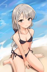 Rule 34 | 1girl, bare arms, bare legs, bare shoulders, barefoot, beach, between legs, bikini, black bikini, black bow, bow, braid, braided bangs, breasts, brown eyes, cleavage, closed mouth, collarbone, day, from above, grey hair, hair bow, hand between legs, highres, hisakawa nagi, idolmaster, idolmaster cinderella girls, idolmaster cinderella girls starlight stage, long hair, looking at viewer, looking up, low twintails, mitsumine raimu, navel, outdoors, revision, sand, side-tie bikini bottom, sitting, small breasts, solo, swimsuit, twintails, very long hair, wariza, water