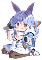 Rule 34 | 1girl, aged down, animal ear fluff, animal ears, backpack, bag, black gloves, blue background, blue hair, braid, breasts, carrot hair ornament, cleavage, dress, food-themed hair ornament, fur-trimmed dress, fur-trimmed gloves, fur trim, gloves, hair ornament, high heels, highres, hololive, leotard, leotard under clothes, looking at viewer, multicolored hair, noi mine, rabbit-shaped pupils, rabbit ears, rabbit girl, randoseru, short eyebrows, small breasts, smile, solo, symbol-shaped pupils, tongue, tongue out, transparent background, twin braids, two-tone hair, usada pekora, usada pekora (1st costume), virtual youtuber, waving, white dress, white footwear, white hair