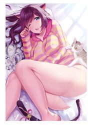 Rule 34 | 1girl, ;o, absurdres, animal, animal ears, bed sheet, bell, blue eyes, blush, border, breasts, cat, cat ears, cat girl, cat tail, covered erect nipples, curtains, day, highres, hood, hoodie, indoors, jingle bell, large breasts, long hair, long sleeves, looking at viewer, lying, medium breasts, nail polish, non-web source, on bed, on side, one eye closed, open mouth, original, panties, pillow, purple nails, scan, solo, strap slip, striped clothes, striped hoodie, subarare, swept bangs, tail, thighs, underwear, white border, white panties