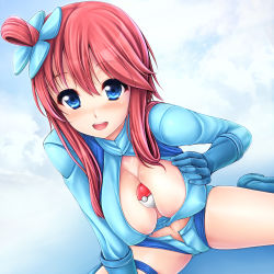 Rule 34 | 10s, 1girl, between breasts, blue eyes, blush, breasts, cleavage, creatures (company), downblouse, game freak, gloves, gym leader, hair ornament, large breasts, long hair, midriff, navel, nintendo, open clothes, open fly, open mouth, open shirt, poke ball, poke ball (basic), pokemon, pokemon bw, red hair, shirt, short shorts, shorts, sitting, skyla (pokemon), smile, solo, suspenders, uni8, unzipped, wariza