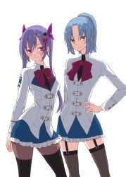 Rule 34 | 2girls, arm behind back, assault lily, black thighhighs, blue hair, blue skirt, blunt ends, blush, bow, bowtie, breasts, brown pantyhose, brown thighhighs, buttons, closed mouth, commentary request, contrapposto, cowboy shot, crescent, crescent earrings, earrings, frilled skirt, frills, garter straps, gumoyu, hair between eyes, hair ornament, hair ribbon, hand on own hip, herensuge girls academy school uniform, high ponytail, highres, jacket, jewelry, long sleeves, looking at viewer, makino mitake, matsumura fuuka, medium breasts, miniskirt, multiple girls, pantyhose, parted bangs, pink eyes, pink ribbon, ponytail, purple hair, red bow, red bowtie, ribbon, school uniform, short hair, simple background, skirt, smile, standing, tassel, tassel hair ornament, thighhighs, thighhighs over pantyhose, twintails, v-shaped eyebrows, white background, white jacket, yellow eyes