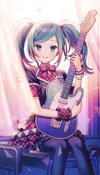 Rule 34 | 1girl, amagi hana, backlighting, belt, black belt, black thighhighs, blue eyes, blue hair, blue nails, blurry, blurry background, blurry foreground, bracelet, chair, chromatic aberration, closed mouth, collared shirt, colored tips, commentary request, curtains, desk, dot nose, dress shirt, electric guitar, feet out of frame, fingernails, frilled cuffs, frilled skirt, frilled sleeves, frills, glint, gradient hair, guitar, happy, hatsune miku, highres, holding, holding instrument, indoors, instrument, jewelry, knees together feet apart, layered skirt, leo/need (project sekai), leo/need miku, light particles, light smile, looking at viewer, loose belt, meteor shower, multicolored hair, neck ribbon, on desk, open window, paperclip hair ornament, pink hair, pink ribbon, pink skirt, plaid, plaid skirt, plaid sleeves, plaid wrist cuffs, project sekai, ribbon, school chair, school desk, shirt, sidelocks, single horizontal stripe, single wrist cuff, sitting, on desk, skirt, solo, streaked hair, studded bracelet, swept bangs, thighhighs, triangle, tsurime, twintails, two-tone hair, vocaloid, wind, wind lift, window, wing collar, wrist cuffs